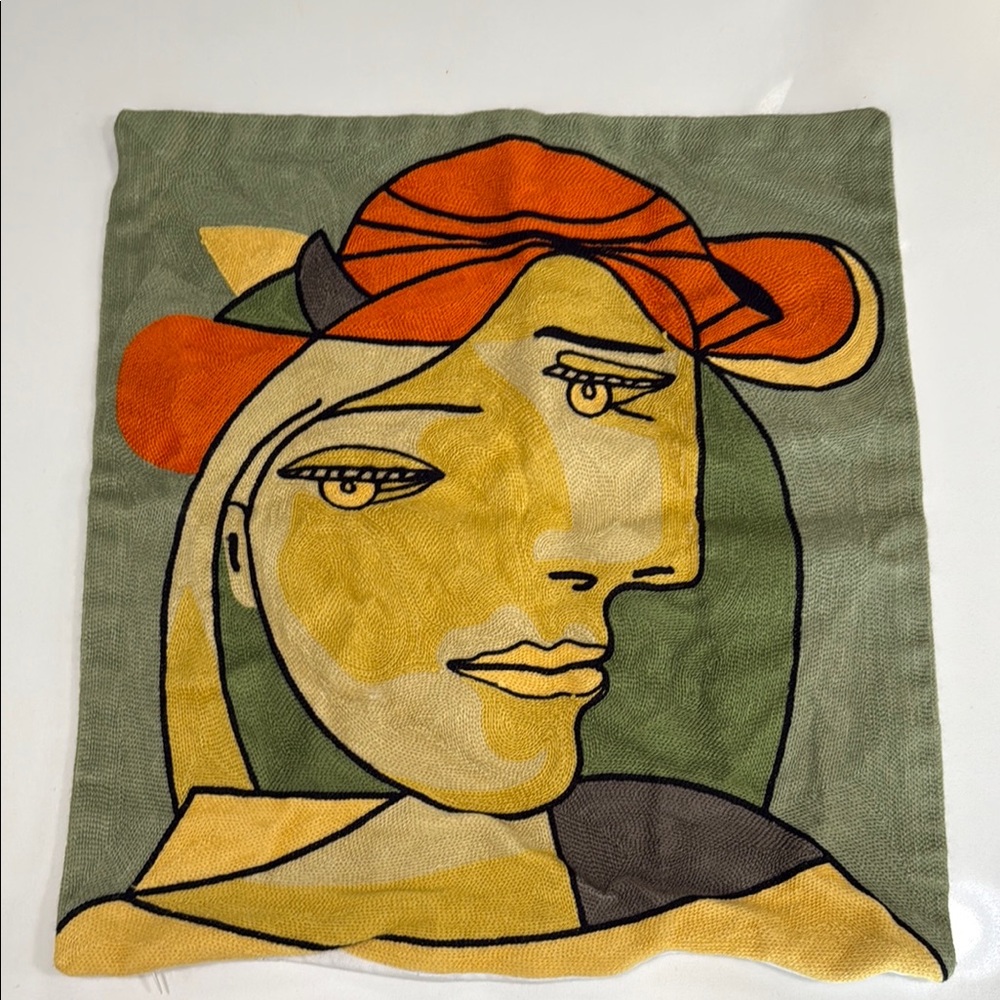 Picasso Abstract Face Print Cushion Cover in Green and Orange